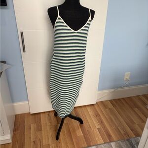Zara Green, White and Navy Striped Knit Midi Slip Dress